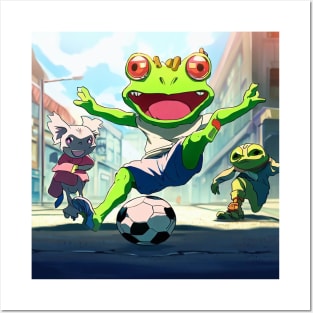 Cartoon anime Frog playing Football in Japan street Kawaii Posters and Art